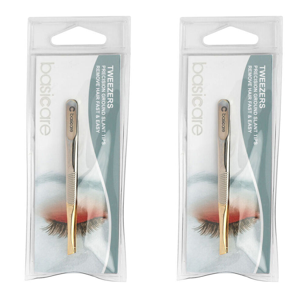 Basicare Slant Tip Tweezers with Half Gold Blade Stainless Steel 8.5cm x 2