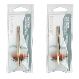 Basicare Slant Tip Tweezers with Half Gold Blade Stainless Steel 8.5cm x 2