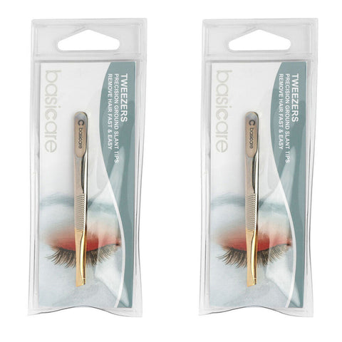 Basicare Slant Tip Tweezers with Half Gold Blade Stainless Steel 8.5cm x 2