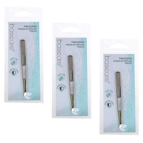 Basicare Slant Tip Half Gold Blade Tweezers 3 Pack Stainless Steel 85mm