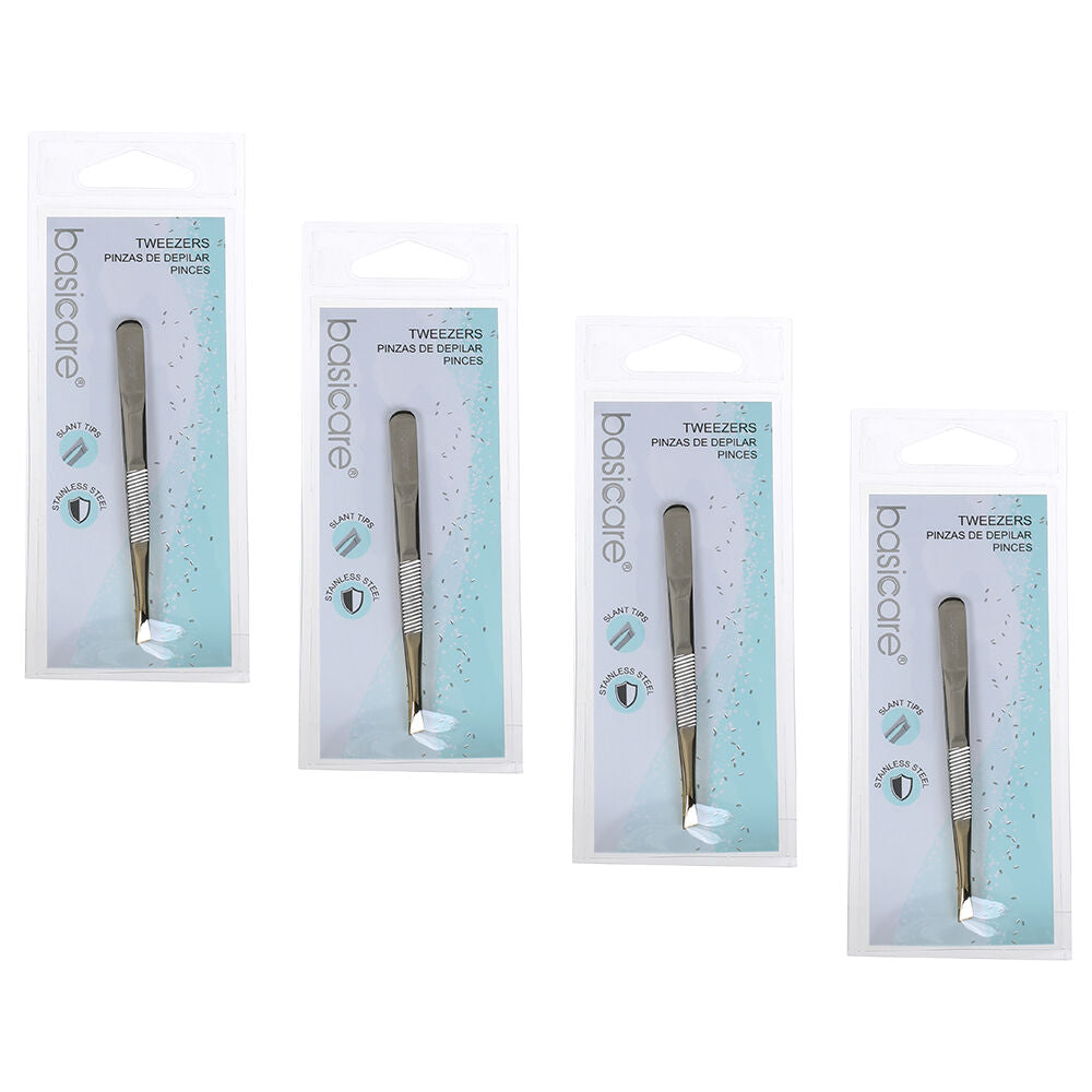 Basicare Slant Tip Half Gold Blade Tweezers 4 Pack Stainless Steel 85mm