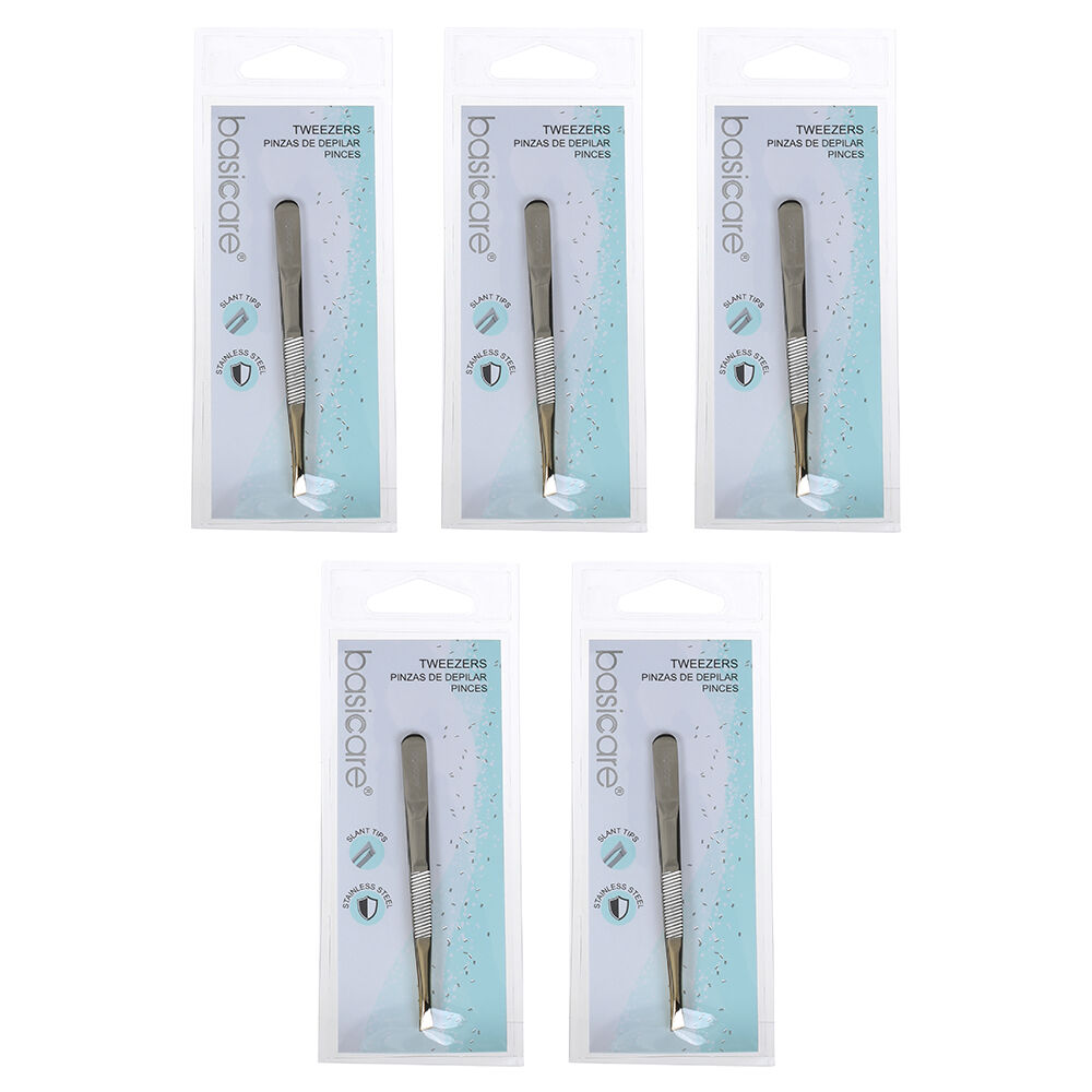 Basicare Slant Tip Half Gold Blade Tweezers 5 Pack Stainless Steel 85mm