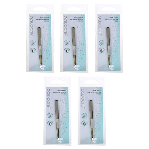 Basicare Slant Tip Half Gold Blade Tweezers 5 Pack Stainless Steel 85mm