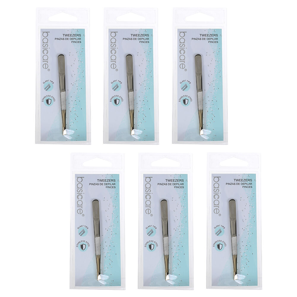 Basicare Slant Tip Half Gold Blade Tweezers 6 Pack Stainless Steel 85mm