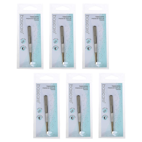 Basicare Slant Tip Half Gold Blade Tweezers 6 Pack Stainless Steel 85mm