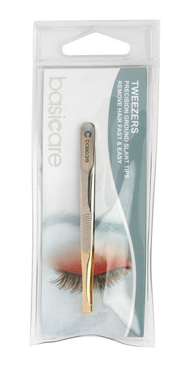 Basicare Slant Tip Tweezers with Half Gold Blade Stainless Steel 8.5cm