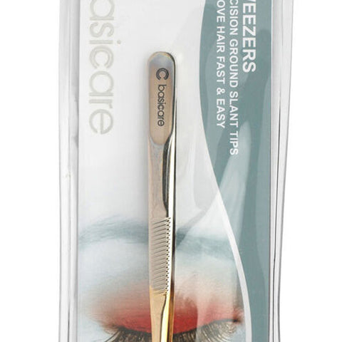 Basicare Slant Tip Tweezers with Half Gold Blade Stainless Steel 8.5cm