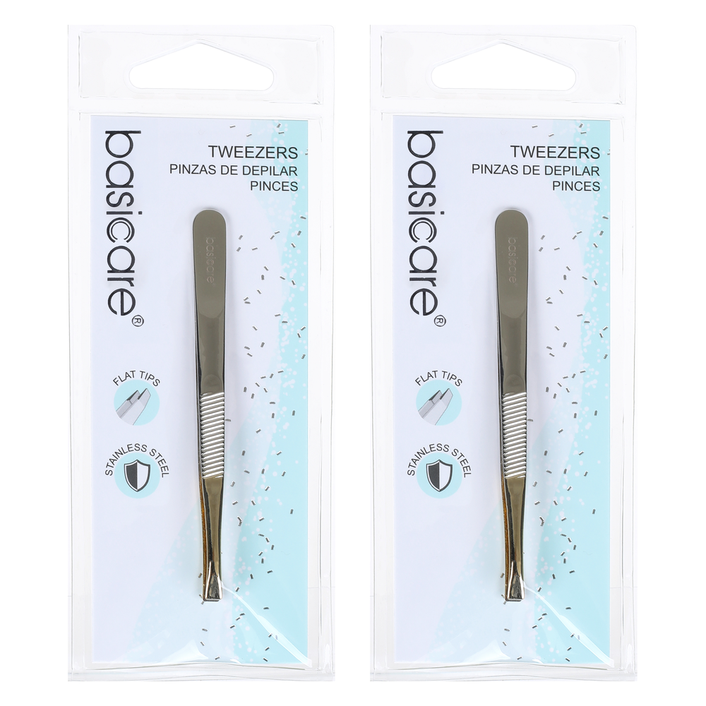 Basicare Flat Tip Tweezers with Half Gold Blade Stainless Steel 8.5cm x 2