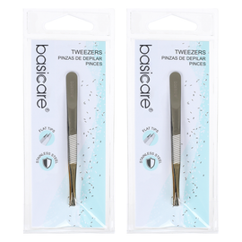 Basicare Flat Tip Tweezers with Half Gold Blade Stainless Steel 8.5cm x 2