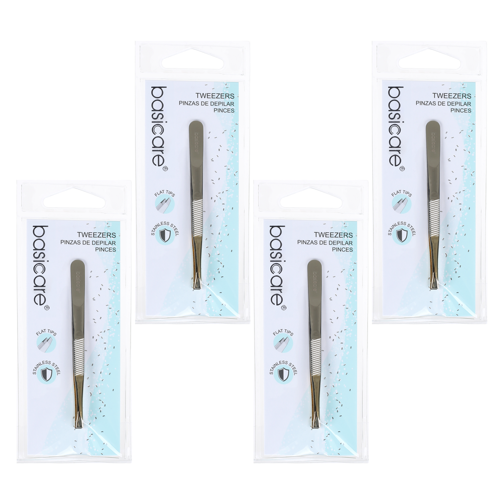 Basicare Flat Tip Tweezers Half Gold Blade Stainless Steel 8.5cm Bundle of 4