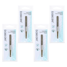 Basicare Flat Tip Tweezers Half Gold Blade Stainless Steel 8.5cm Bundle of 4