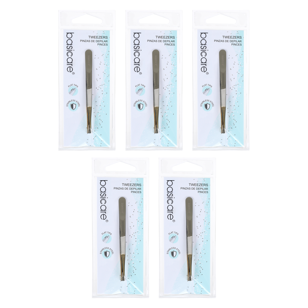Basicare Flat Tip Tweezers Half Gold Blade Stainless Steel 8.5cm Bundle of 5