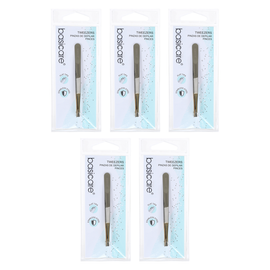 Basicare Flat Tip Tweezers Half Gold Blade Stainless Steel 8.5cm Bundle of 5