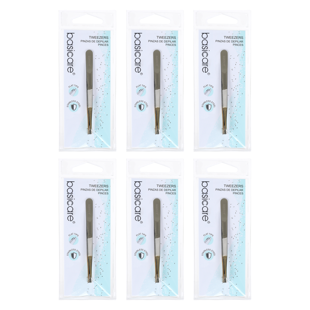 Basicare Flat Tip Tweezers Half Gold Blade Stainless Steel 8.5cm 6 Pack