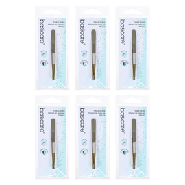 Basicare Flat Tip Tweezers Half Gold Blade Stainless Steel 8.5cm 6 Pack