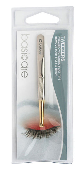 Basicare Flat Tip Tweezers with Half Gold Blade Stainless Steel 8.5cm