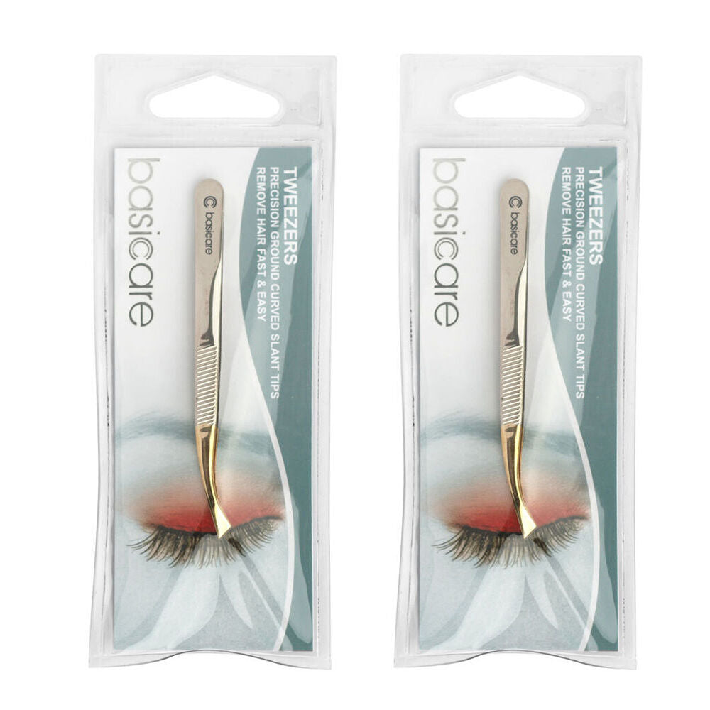 Basicare Curved Slant Tip Tweezers with Half Gold Blade Stainless Steel 8.5cm x 2