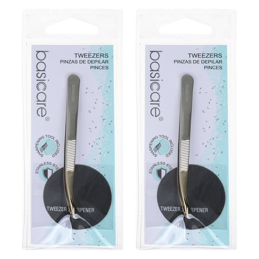 Basicare Curved Slant Tip Tweezers with Half Gold Blade Stainless Steel 8.5cm x 2