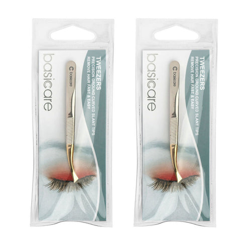 Basicare Curved Slant Tip Tweezers with Half Gold Blade Stainless Steel 8.5cm x 2