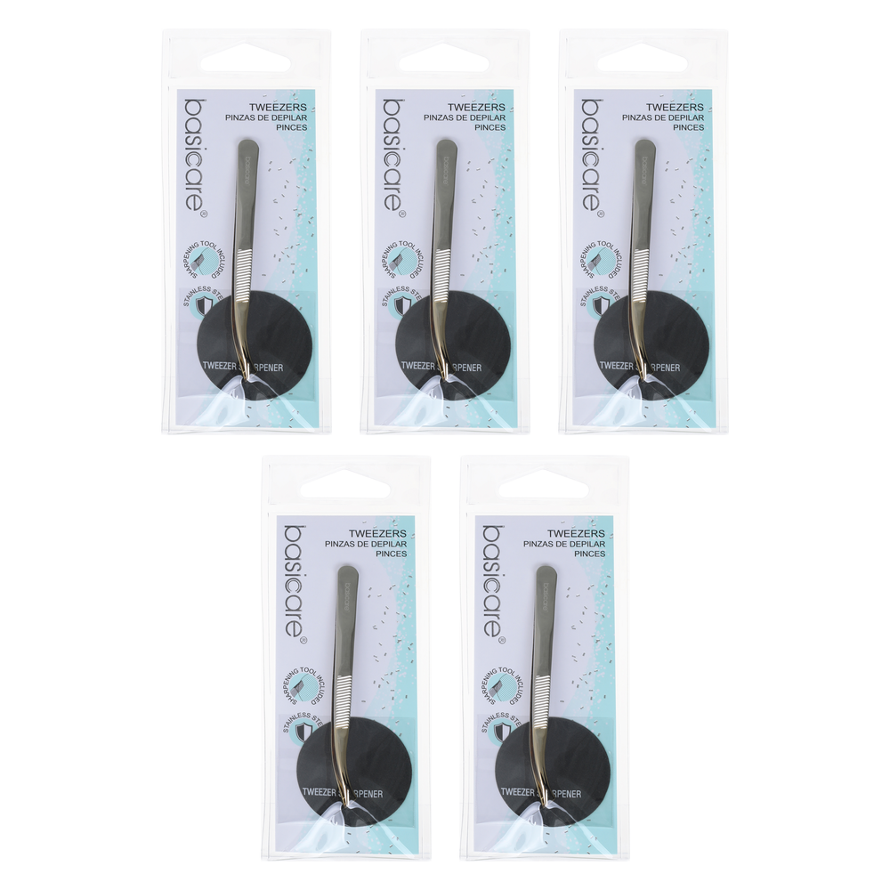 Basicare Curved Slant Tip Tweezers Half Gold Blade Stainless Steel 8.5cm 5 Pack
