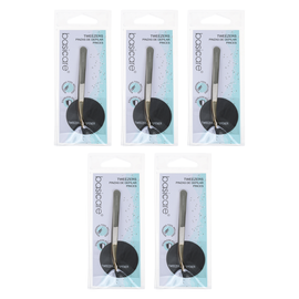 Basicare Curved Slant Tip Tweezers Half Gold Blade Stainless Steel 8.5cm 5 Pack