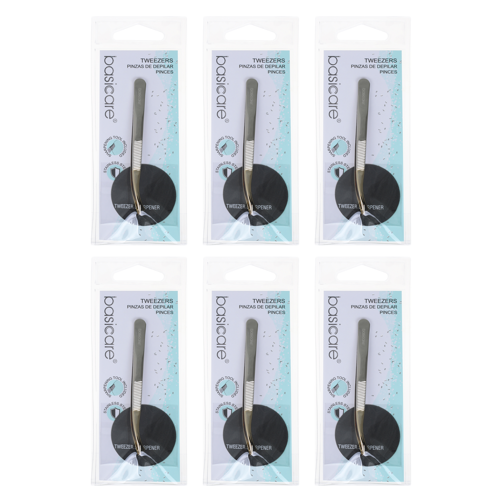 Basicare Curved Slant Tip Tweezers Half Gold Stainless Steel 8.5cm Bundle of 6