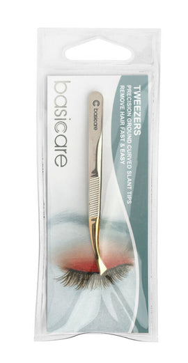 Basicare Curved Slant Tip Tweezers with Half Gold Blade Stainless Steel 8.5cm