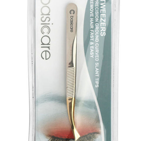 Basicare Curved Slant Tip Tweezers with Half Gold Blade Stainless Steel 8.5cm