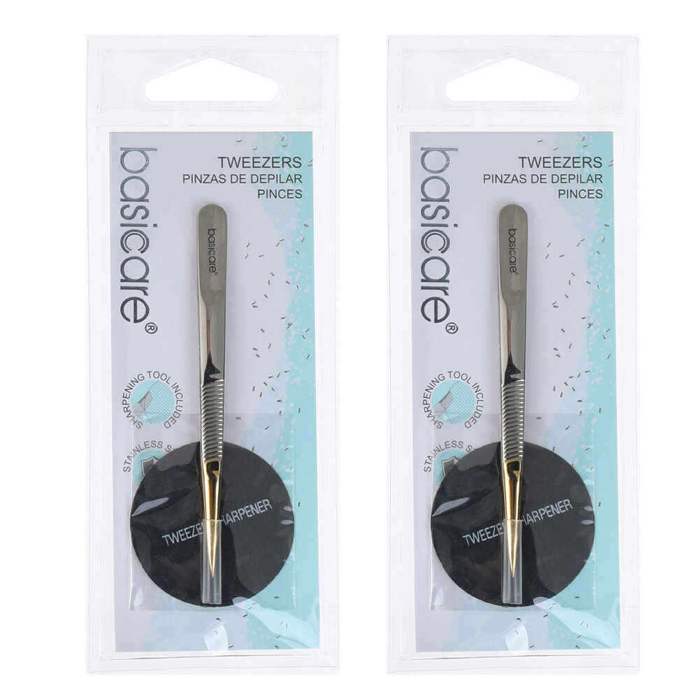 Basicare Gold Plated Point Tip Tweezers Stainless Steel Precision x2