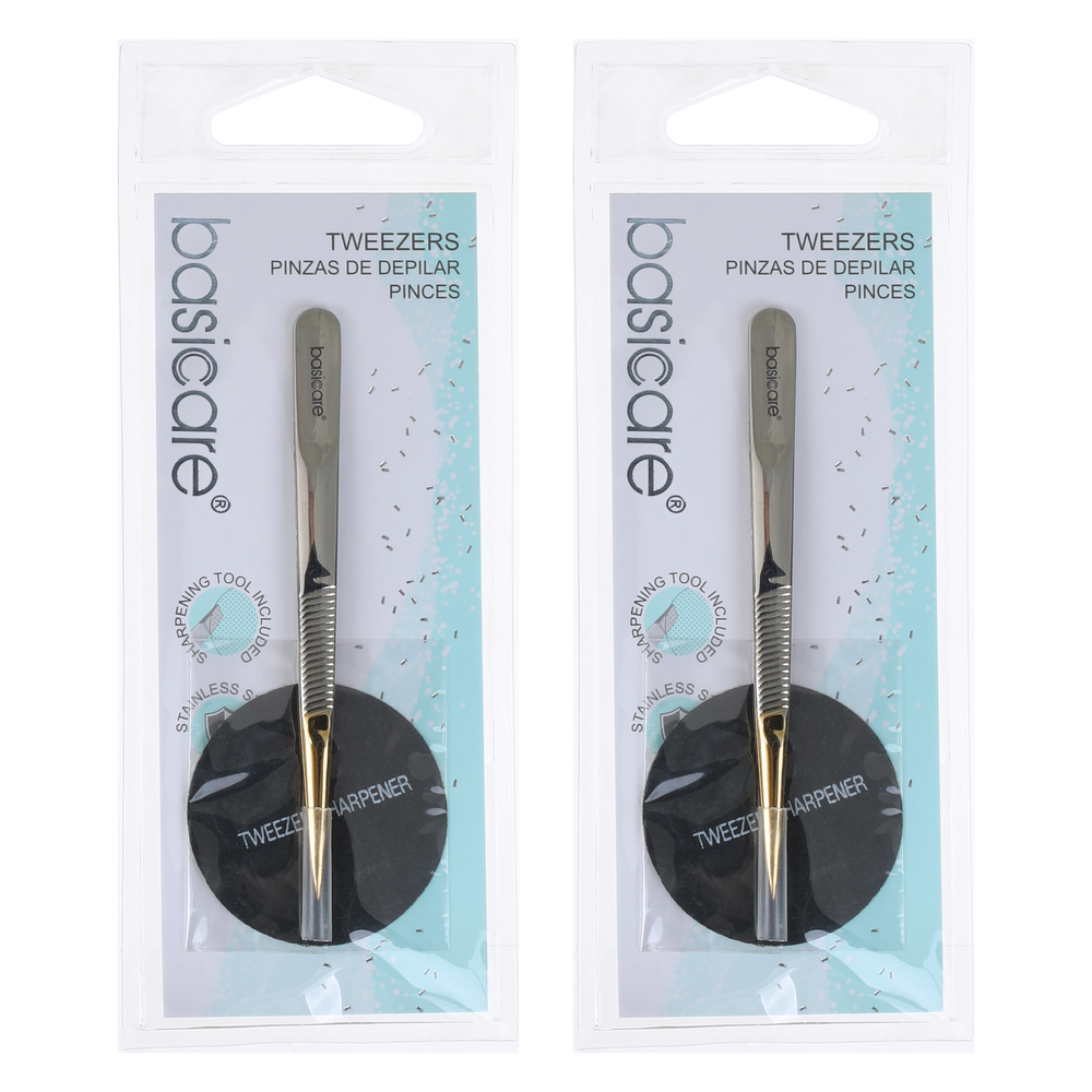 Basicare Gold Plated Point Tip Tweezers Stainless Steel Precision x2