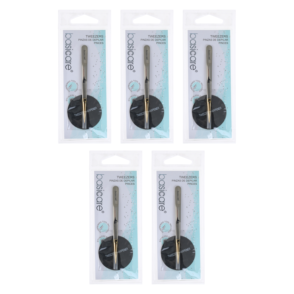 Basicare Gold Plated Point Tip Tweezers Stainless Steel 5 Pack Bundle