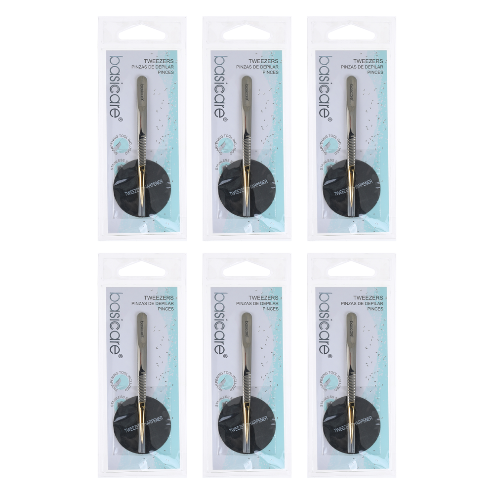 Basicare Gold Plated Point Tip Tweezers Stainless Steel Bundle of 6