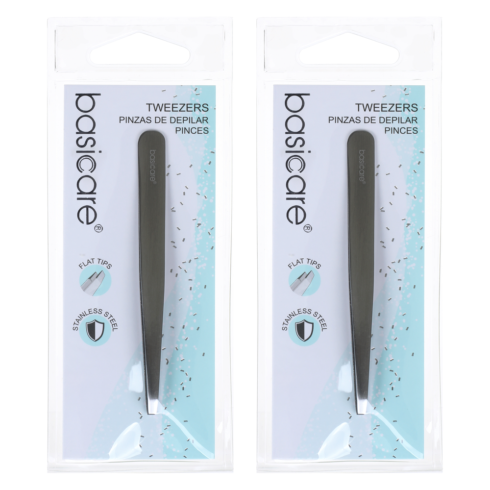 Basicare Satin Flat Tip Tweezers Stainless Steel 9cm Pack of 2 Precision