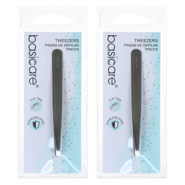 Basicare Satin Flat Tip Tweezers Stainless Steel 9cm Pack of 2 Precision