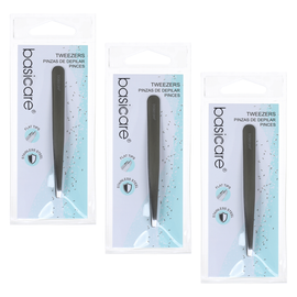 Basicare Satin Flat Tip Tweezers Stainless Steel 9cm Bundle of 3