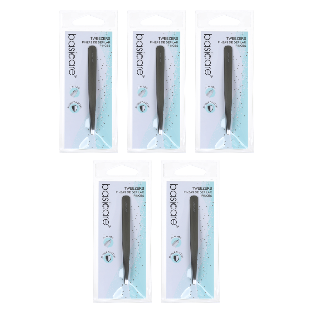Basicare Satin Flat Tip Tweezers Stainless Steel 9cm 5 Pack Bundle