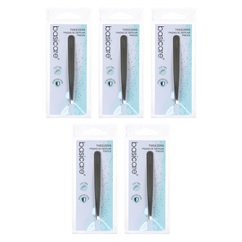 Basicare Satin Flat Tip Tweezers Stainless Steel 9cm 5 Pack Bundle