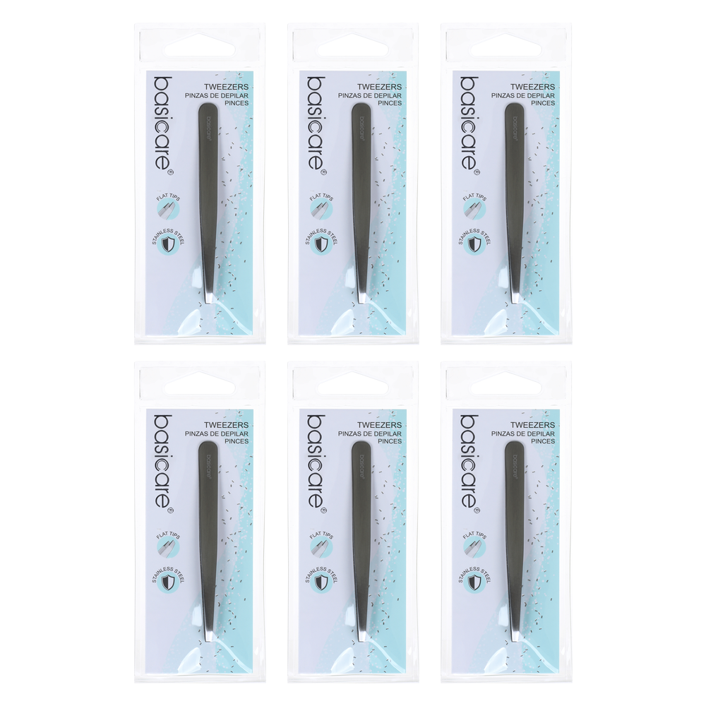 Basicare Satin Flat Tip Tweezers Stainless Steel 9cm Bundle of 6