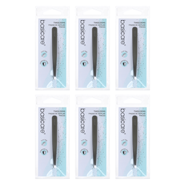 Basicare Satin Flat Tip Tweezers Stainless Steel 9cm Bundle of 6