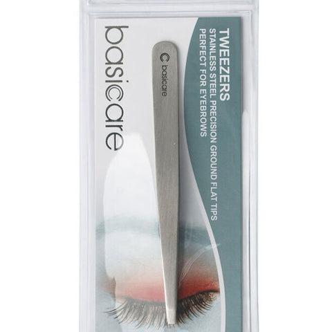 Basicare Satin Flat Tip Tweezers Stainless Steel 9cm Precision Hair Removal