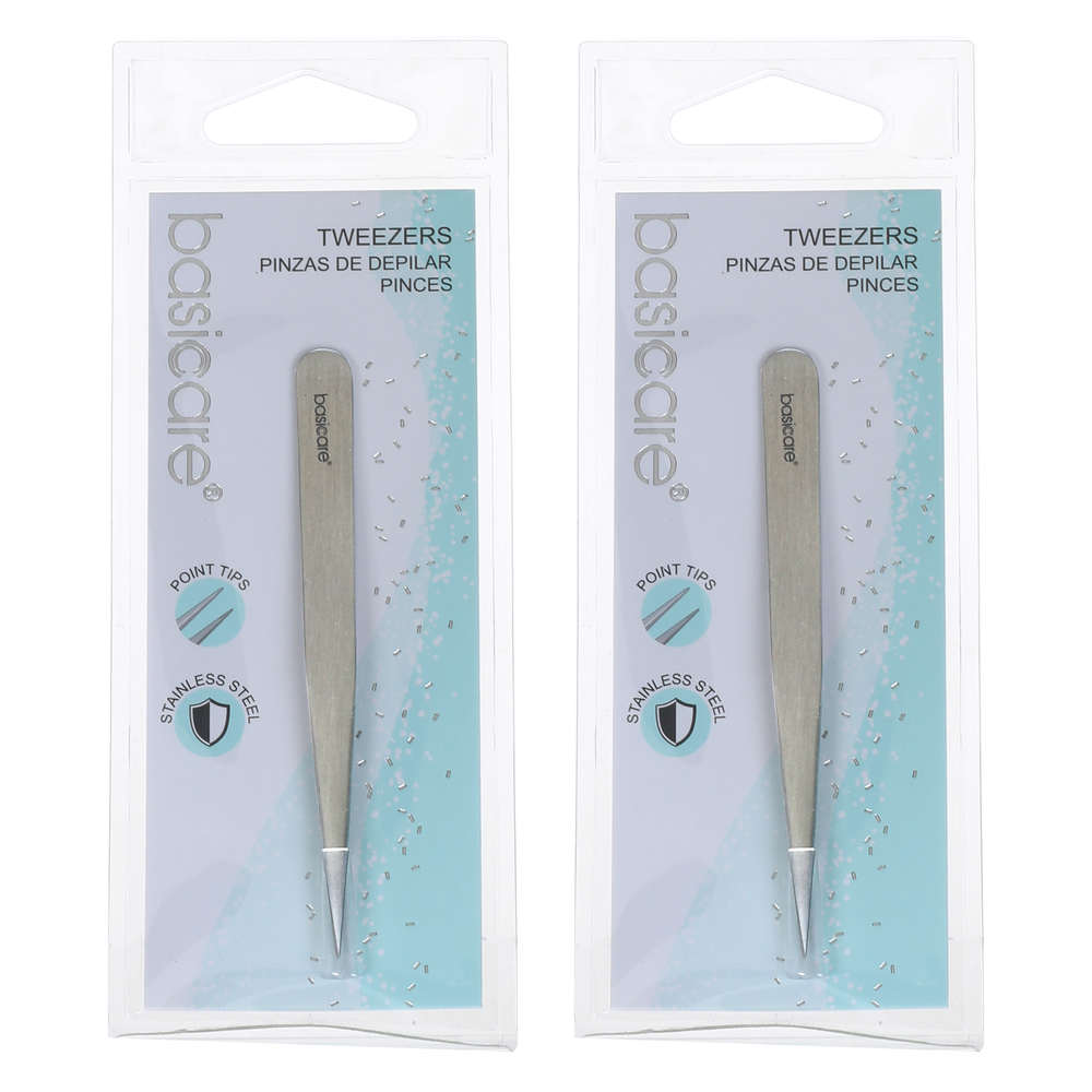 Basicare Stainless Steel Point Tip Tweezers Precision Hair Removal Tool 2 Pack