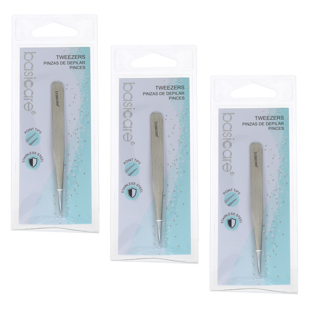 Basicare Stainless Steel Point Tip Tweezers Bundle of 3 Hair Removal Tools