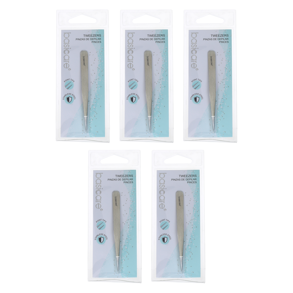 Basicare Stainless Steel Point Tip Tweezers Bundle of 5 Precision Hair Removal