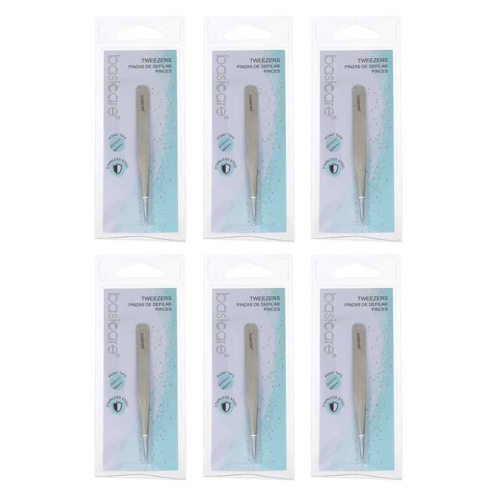 Basicare Stainless Steel Point Tip Tweezers Bundle of 6 Precision Hair Removal