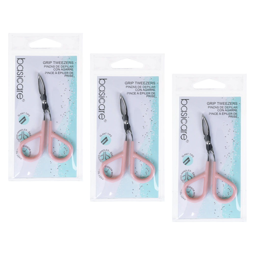 Basicare Grip Tweezers Scissor Handle Chrome Plated Precision 3 Pack