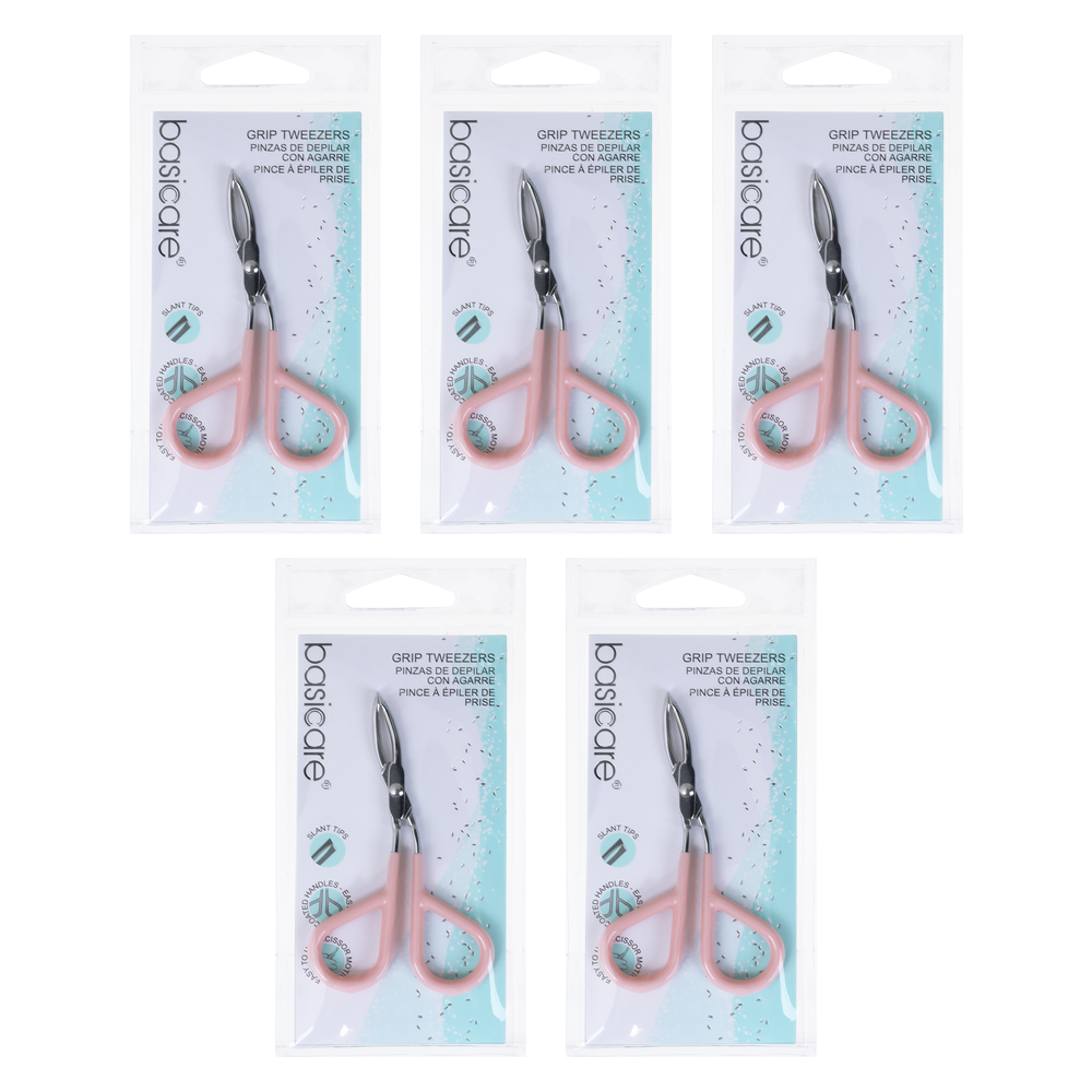 Basicare Grip Tweezers Scissor Handle Chrome Plated Precision Bundle of 5