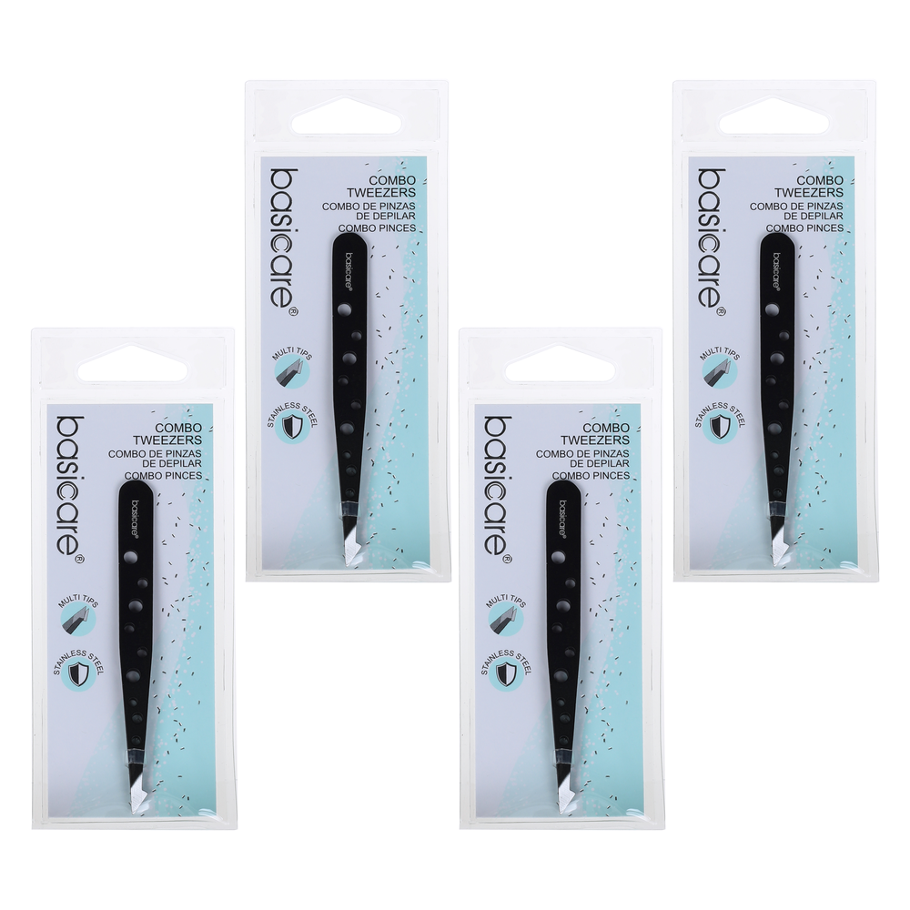 Basicare Eyebrow Tweezers Satin Multi Tip Stainless Steel 9.6cm Pack of 4