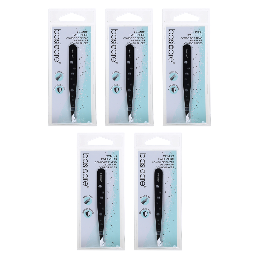 Basicare Eyebrow Tweezers Satin Multi Tip Stainless Steel 96mm Bundle 5 Pack