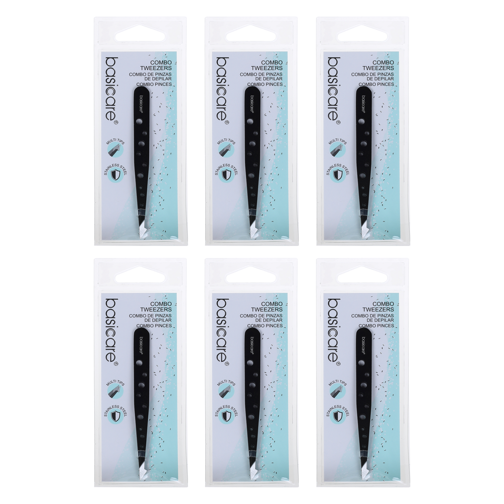 Basicare Eyebrow Tweezers Satin Multi Tip Stainless Steel 9.6cm Bundle of 6