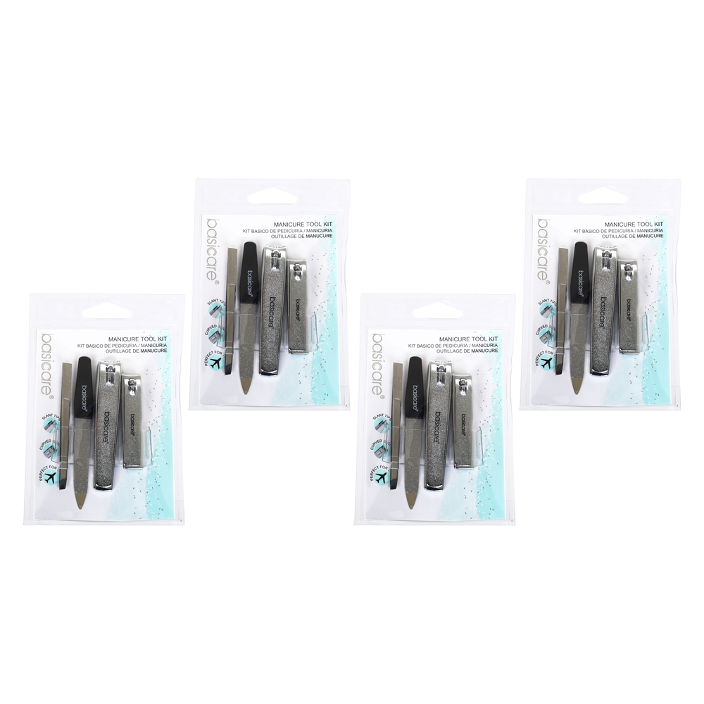 Basicare 4 Pack Manicure Tool Kit Stainless Steel Clippers Tweezers Nail File